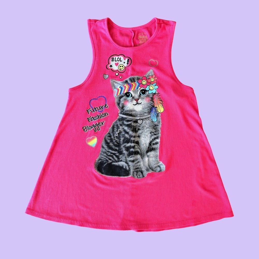 Y2K Faded Glory Pink Flow Tank Top Cat Graphic Future Fashion Blogger Scene #16